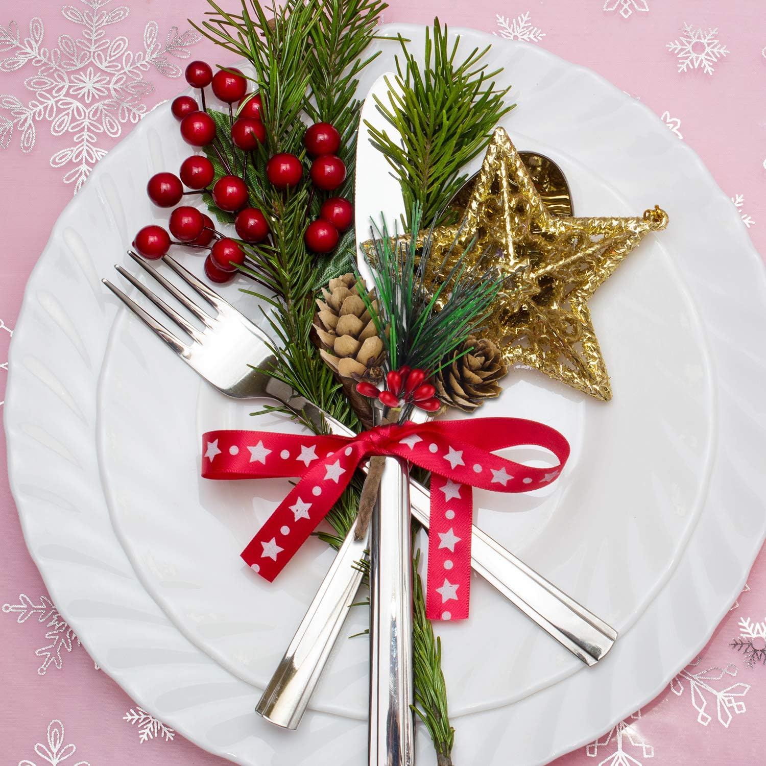 CHRORINE 15 Pcs Artificial Pine Cone Picks and Red Berry Mini Artificial Pine Tree for Christmas Party Flower Wreaths and Holiday Decorations