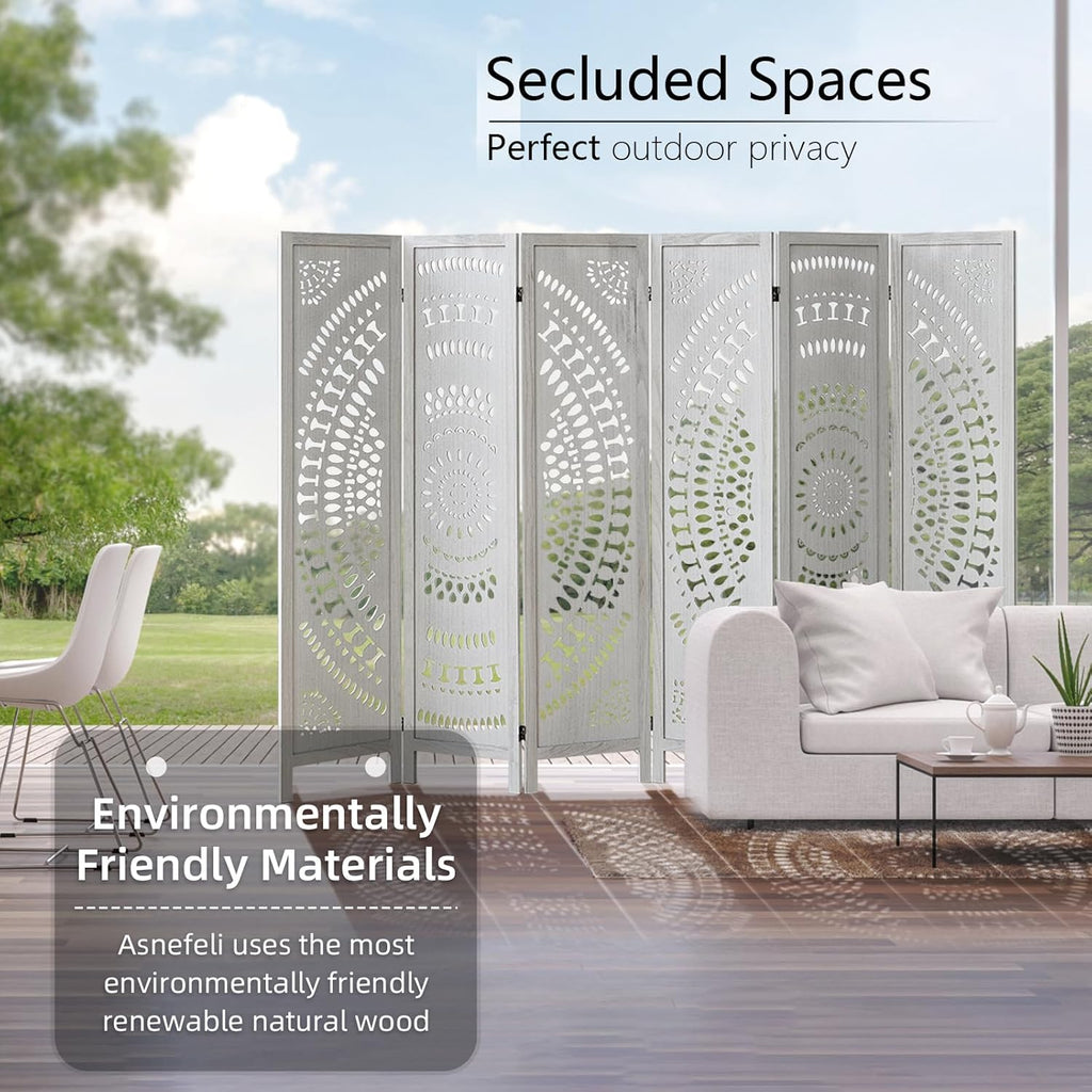 6 Panel Room Divider, Wood Carved Room Divider and Privacy Screen, Folding Room Partition Screen for Room Separation Home Bedroom Office Restaurant Portable Freestanding (Retro White)