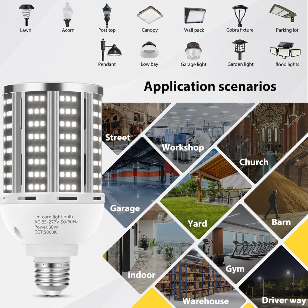 80W LED Corn Light Bulb(800W Equivalent ) 6 pack,Commercial Grade DayLight 5000K E26/E39 10500LM Medium Mogul Base LED Lamp,Large Area Lights For Outdoor Indoor Garage Warehouse Factory Bay Light