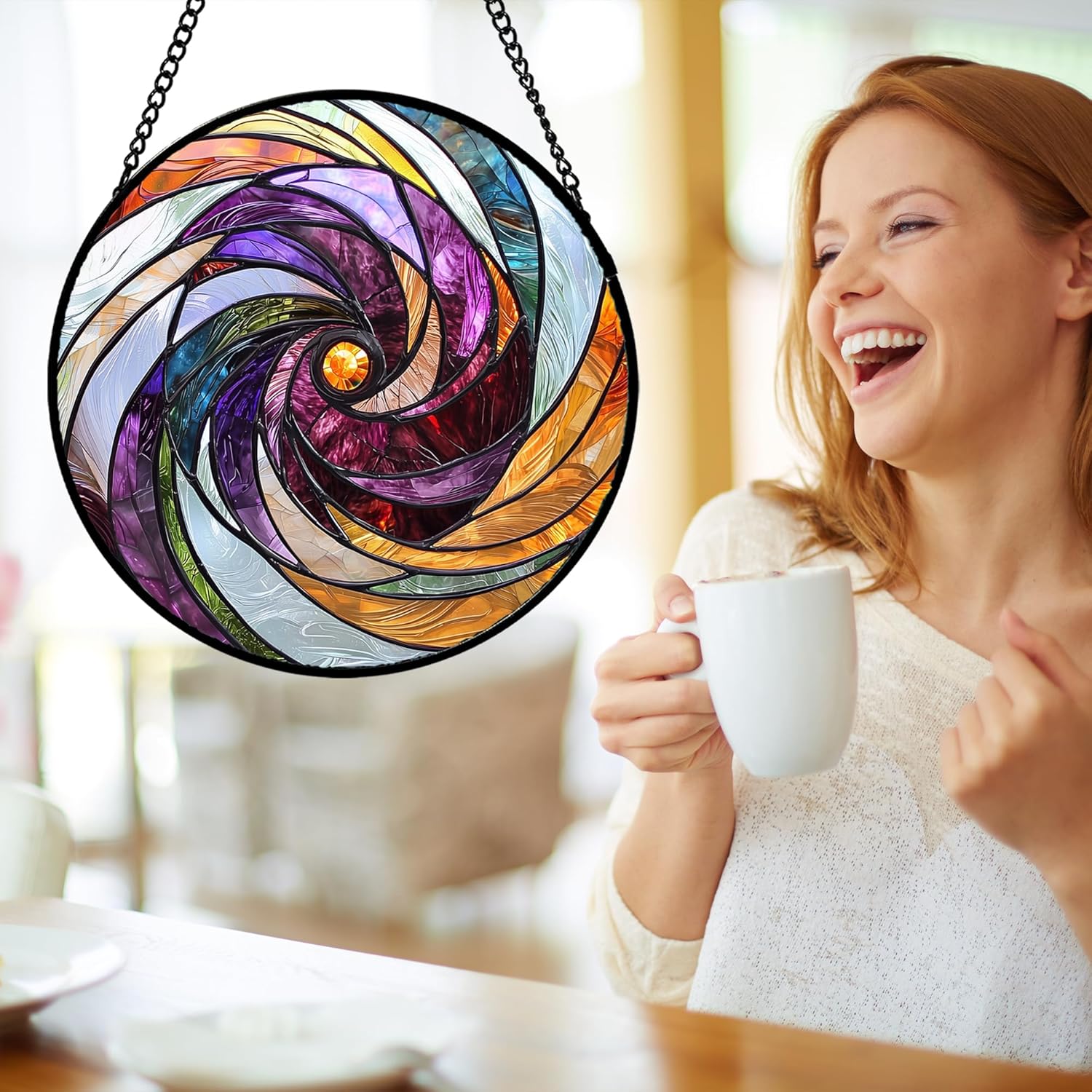 Stained Glass Window Hanging, Colorful Abstract Spiral Pattern Suncatcher for Doors Window Home Sun Catchers Decoration Mother's Day Birthday Gifts for Women, Men, and Mom 11.8 in