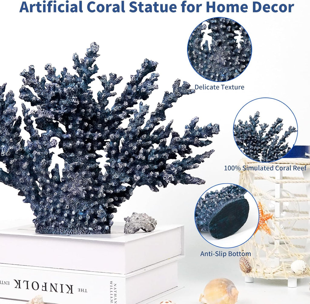 Coral Beach Decor,13.5'' Width x 10'' High Artificial Resin Coral Reef Statue for Ocean Coastal Beach Nautical Themed Room Bathroom Decor for Home, 1008B Blue;