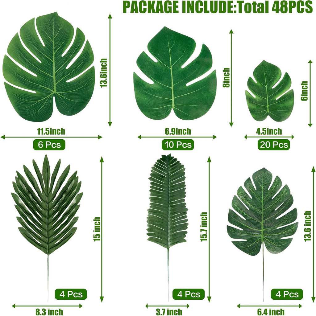 Sggvecsy 48 Pieces 6 Kinds Artificial Tropical Palm Leaves Tropical Leaves Monstera Leaves Safari Jungle Leaf with Stems for Hawaiian Luau Party Beach Table Wedding Shower Birthday Theme Decorations