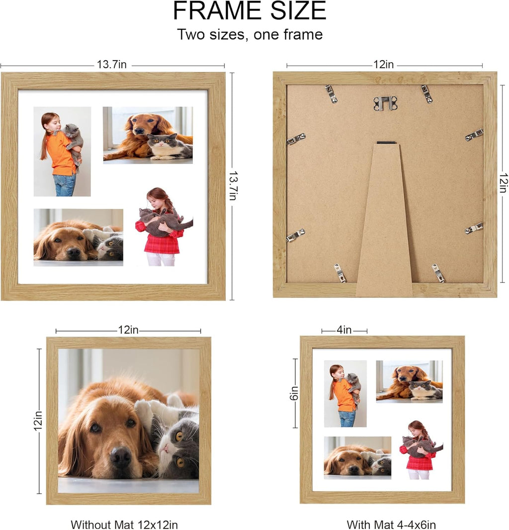 12x12 Picture Frame Set of 2, Natural Oak Wood Frame with Glass Collage Frame, Display Pictures 4-4x6 With Mat or 12 x 12 Without Mat, Square Photo Frames Collage for Wall Hanging or Tabletop