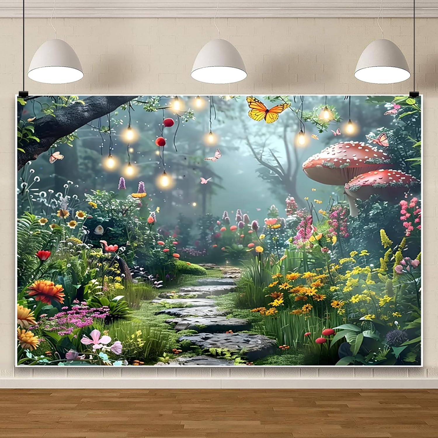 AOFOTO Rainforest Backdrop Colorful Forest Phtography Backdrop Flower Mushroom Butterfly Plants Quiet Path Fairytale Background Photoshoot Background Photo Booth Prop 7x5ft