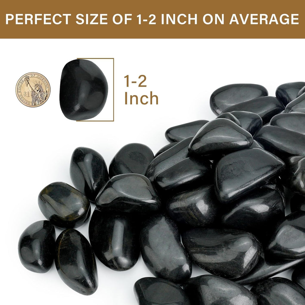 3lb Black River Rocks for Plants Indoor, 1-2Inch Pebbles for Vases Fillers, Decorative Gravel for Fish Tank, Natural Polished Stones for Succulent, Bonsai, Landscaping, Bird Baths
