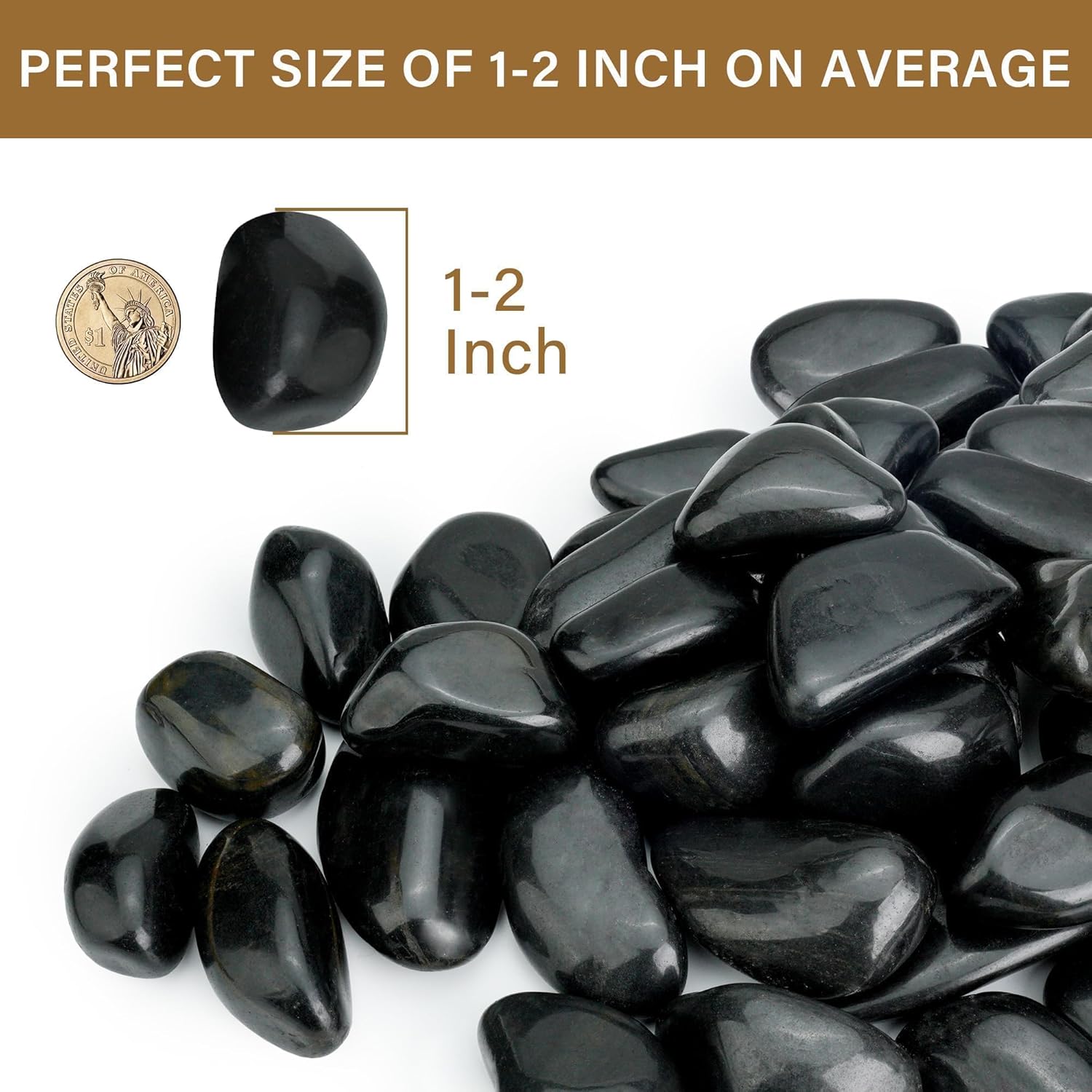 3lb Black River Rocks for Plants Indoor, 1-2Inch Pebbles for Vases Fillers, Decorative Gravel for Fish Tank, Natural Polished Stones for Succulent, Bonsai, Landscaping, Bird Baths
