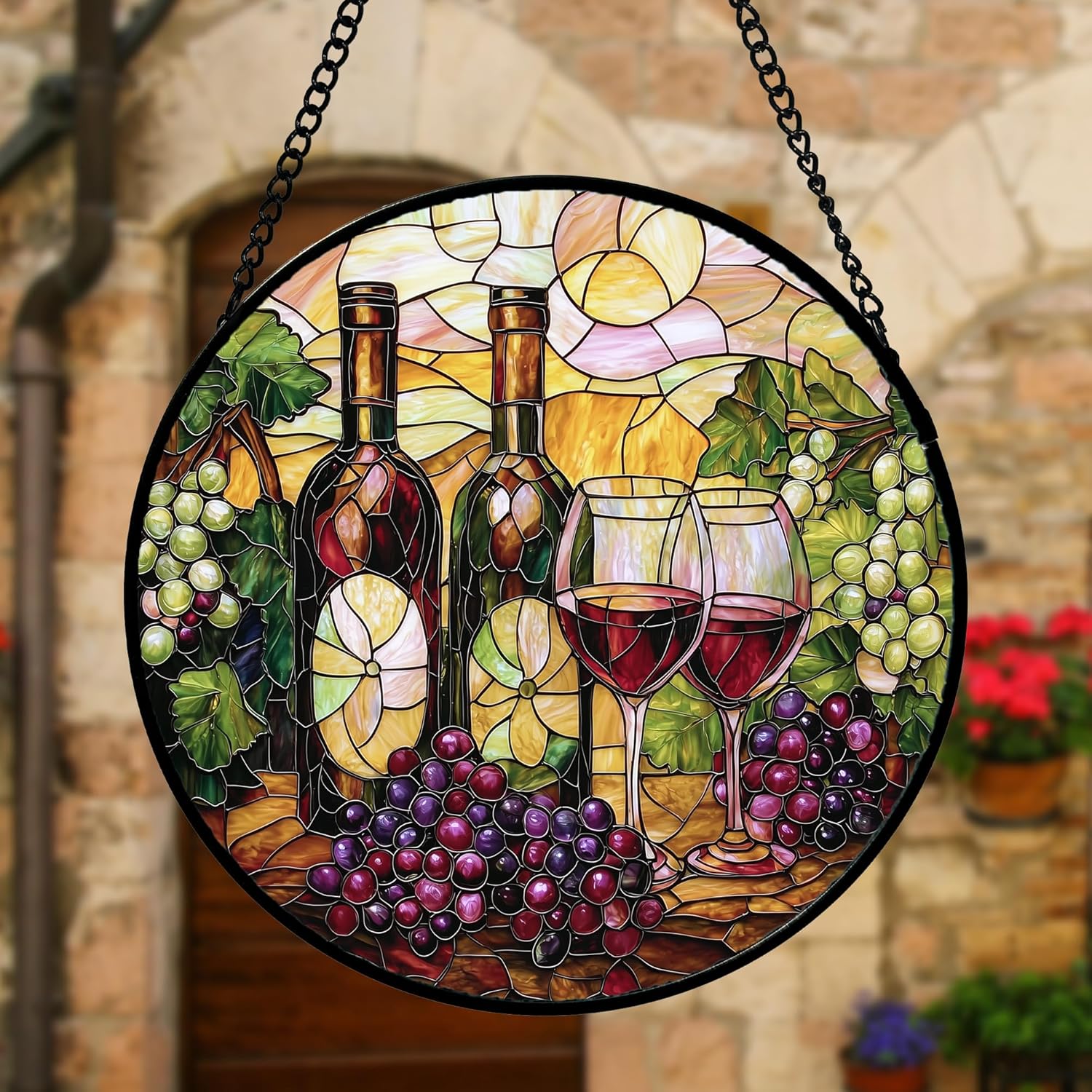 Stained Glass Window Hanging, Grapes and Wine Suncatcher Diamond Glass Panel Hangings Sun Catchers Decor for Birthday for Women, Men, Wife, Aunt, and Mom 9.8 in