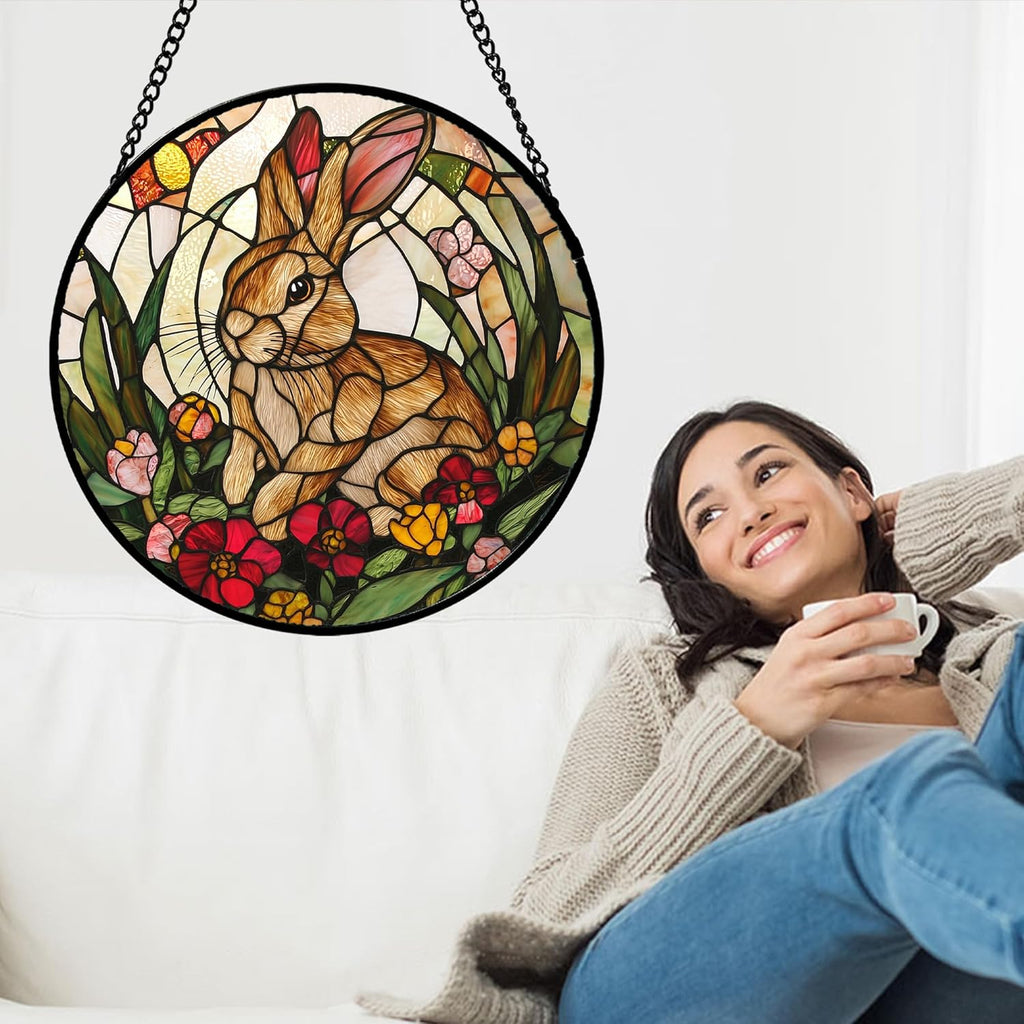 Stained Glass Window Hanging, Cute Bunny Flowers Sun Catcher for Window Door Home Decor, Rabbit Suncatcher Christmas Mother's Day Birthday Gifts for Women Men Mom and Nana 7.8 in