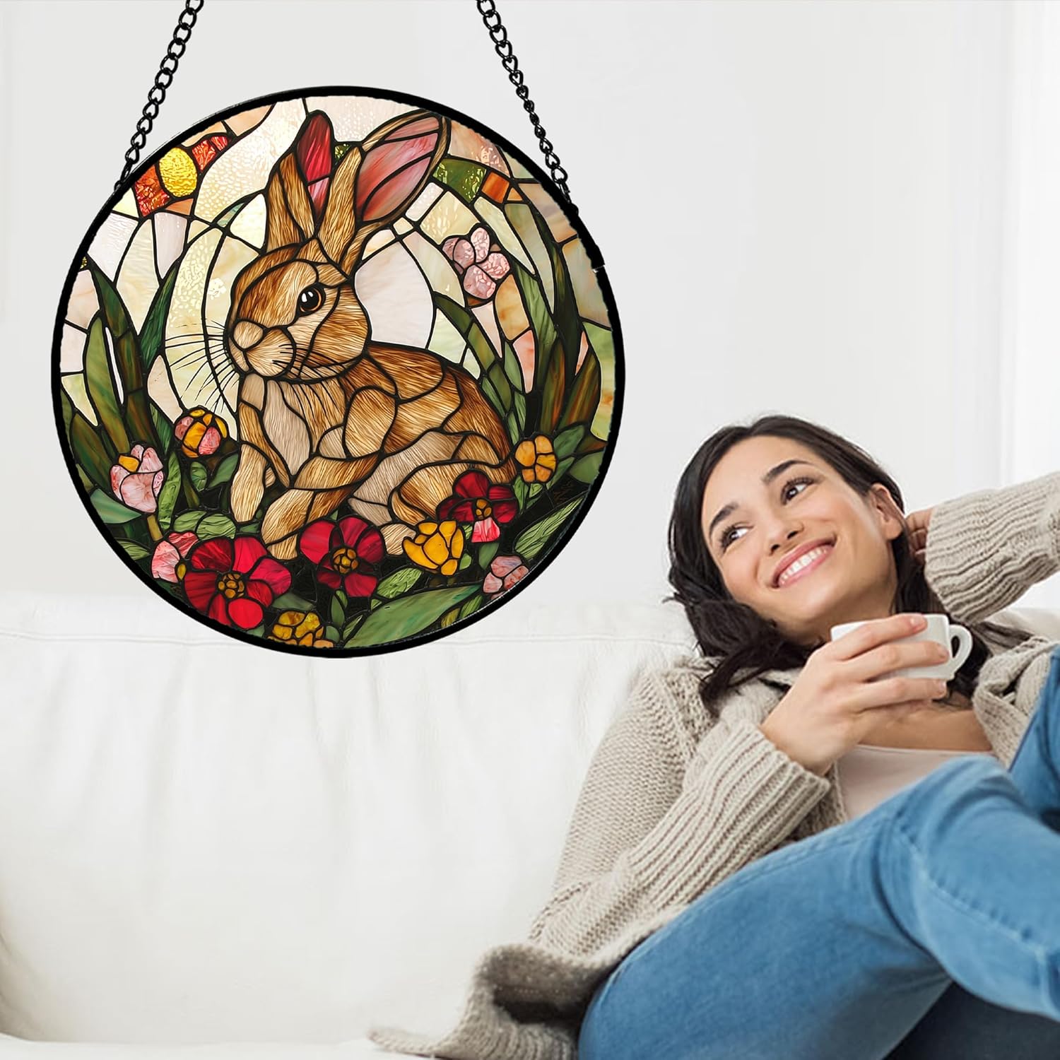 Stained Glass Window Hanging, Cute Bunny Flowers Sun Catcher for Window Door Home Decor, Rabbit Suncatcher Christmas Mother's Day Birthday Gifts for Women Men Mom and Nana 15 in