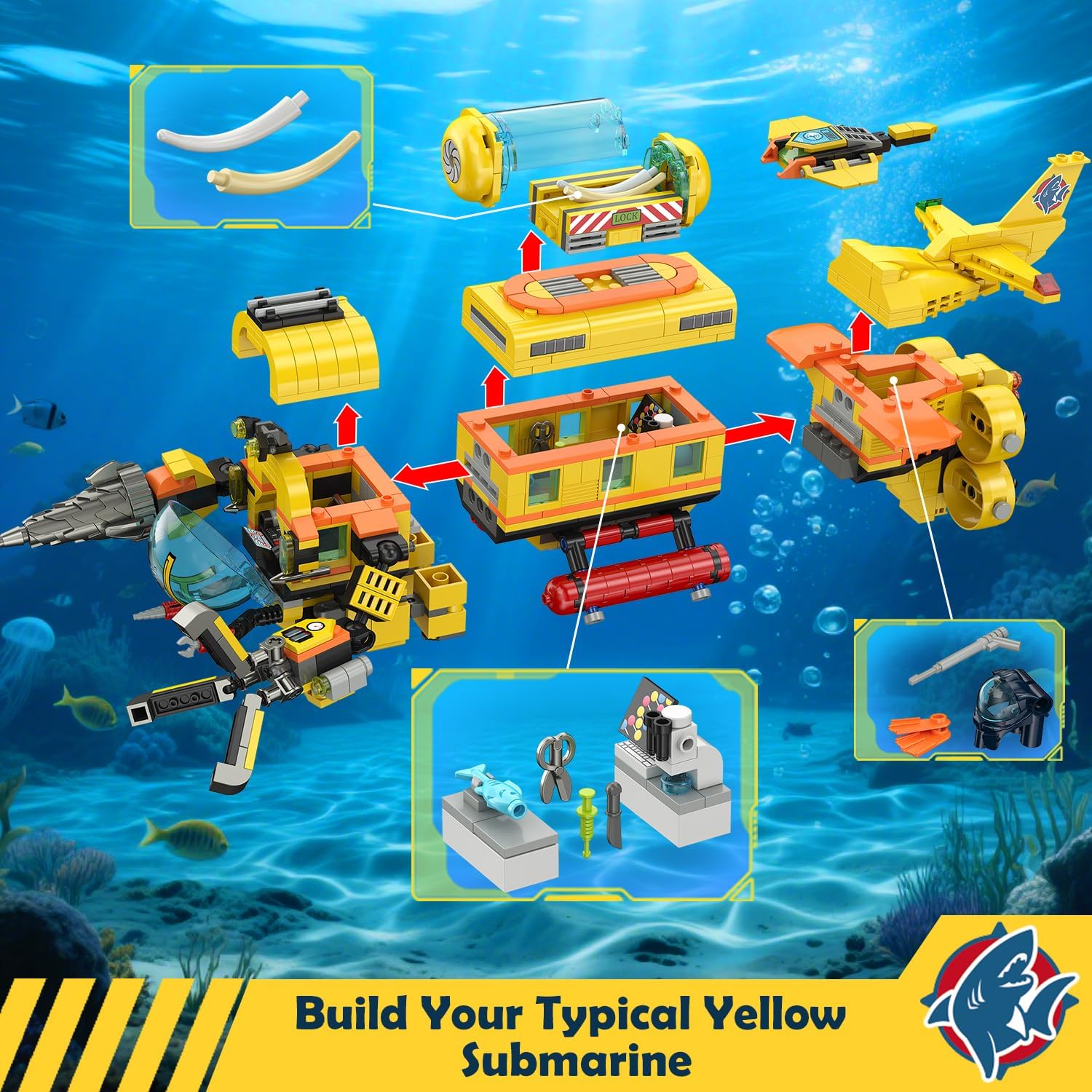 HOGOKIDS 3 Styles City Submarine Building Set with LED Light, Ocean Exploration Yellow Boat Sub Toy with 2 Sharks, Whale Skeleton and Ray Drone, Christmas Birthday Gift for Kids Boys Girls 8-14+