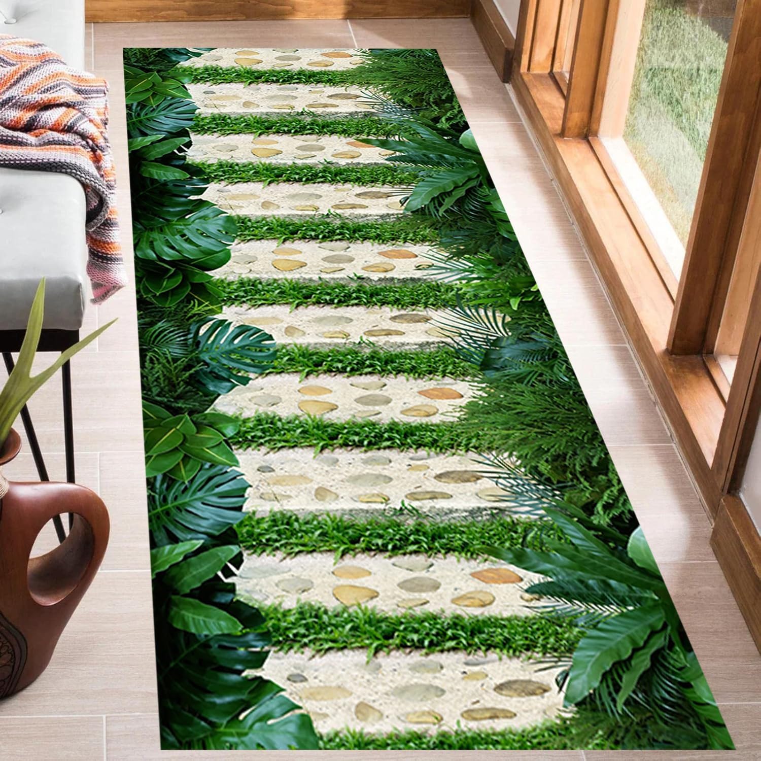 3D Tropical Leaves Rug, 2.6x7ft, Green Leaf Monstera Platycladus Orientalis Leaves Cobblestone Path Hallway Carpet, Washable Sensory Texture Carpet for Entryway Dining Kitchen
