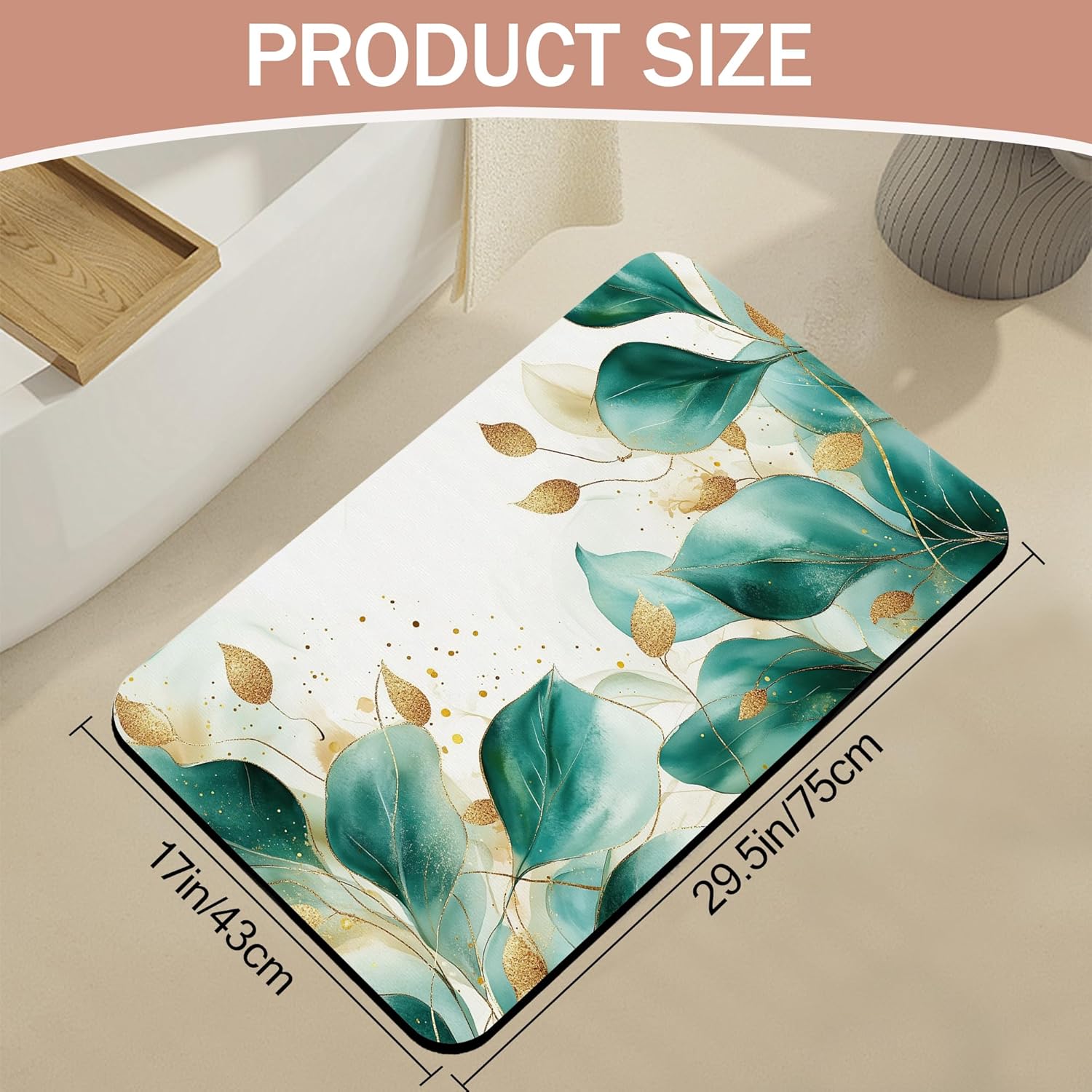 Eucalyptus Gree Bathroom Rugs,Bath Mats for Bathroom,Gold Foil Low Pile Absorbent Bath Mat,Rubber Backing Non Slip Washable Thin Quick Dry Door Mat 17x29.5 Inch