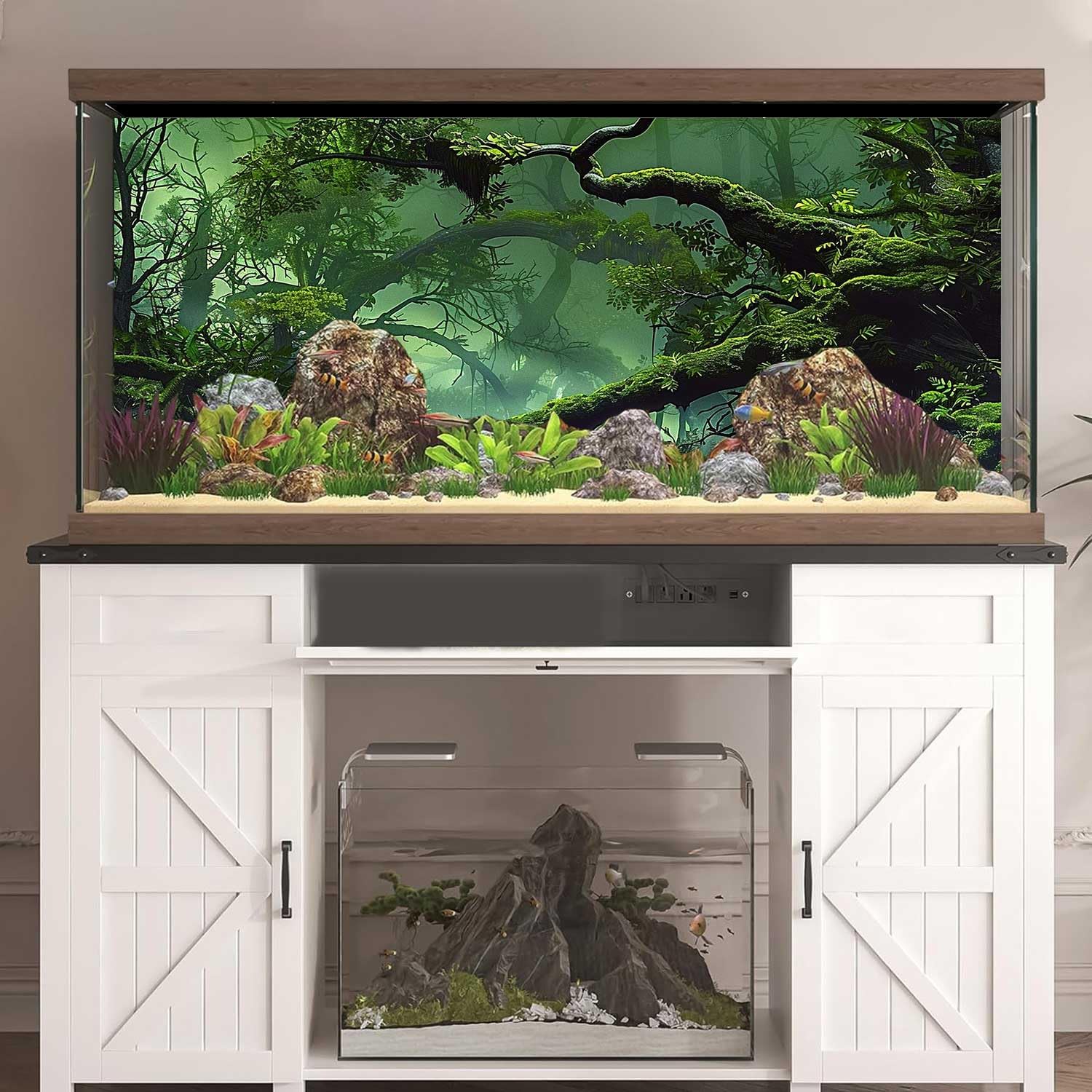 Foggy Forest Terrarium BackgroundStone Green Tree Tropical Reptile Habitat Rainforest Aquarium Background, Polyester Background 6 EVA Double-Sided Tapes 36x18 inches/90x45