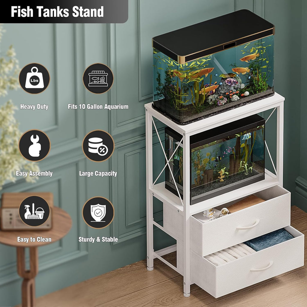 Fish Tank Stand 10 Gallon with 2-Tier Shelf, Aquarium Stand with 2 Drawers, Metal Frame Heavy Duty Reptile/Turtle Tank Stand for Home Office, Fish Tanks Accessories Storage, White