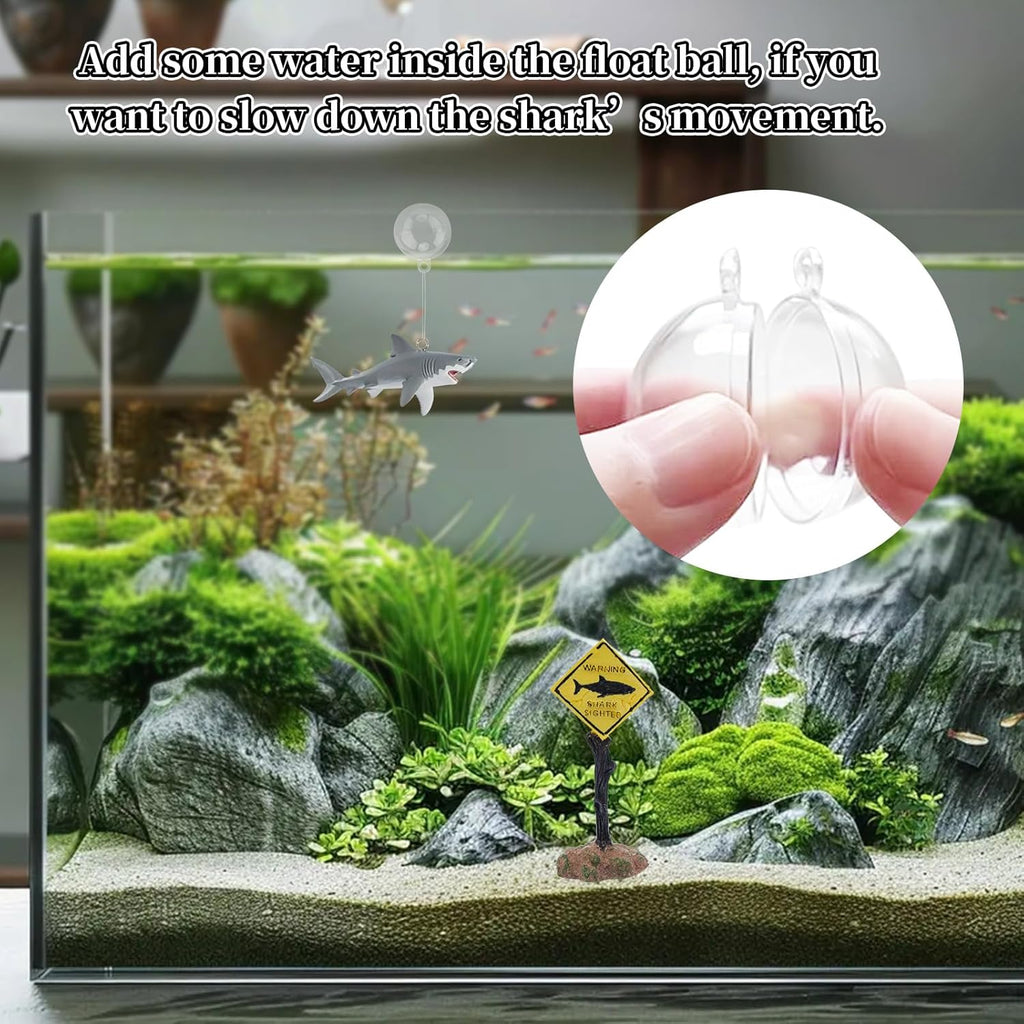 Fish Tank Decor Set, Plastic Great White Shark Statue with Floating Ball and a Warning Sign Decor, Fish Tank Decorations, Fish Aquariums Accessories, Aquarium Decor