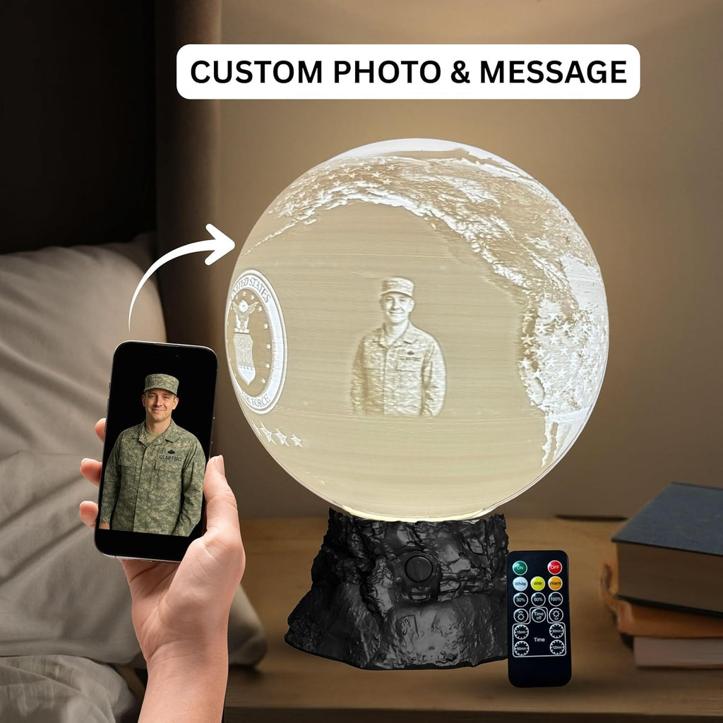 Personalized Air Force Custom Moon Lamp – Custom Military Moon Light with Photo & Text | USAF Veteran Gift for Airmen & Military Families | 3D Printed Night Light with U S Air Force Logo