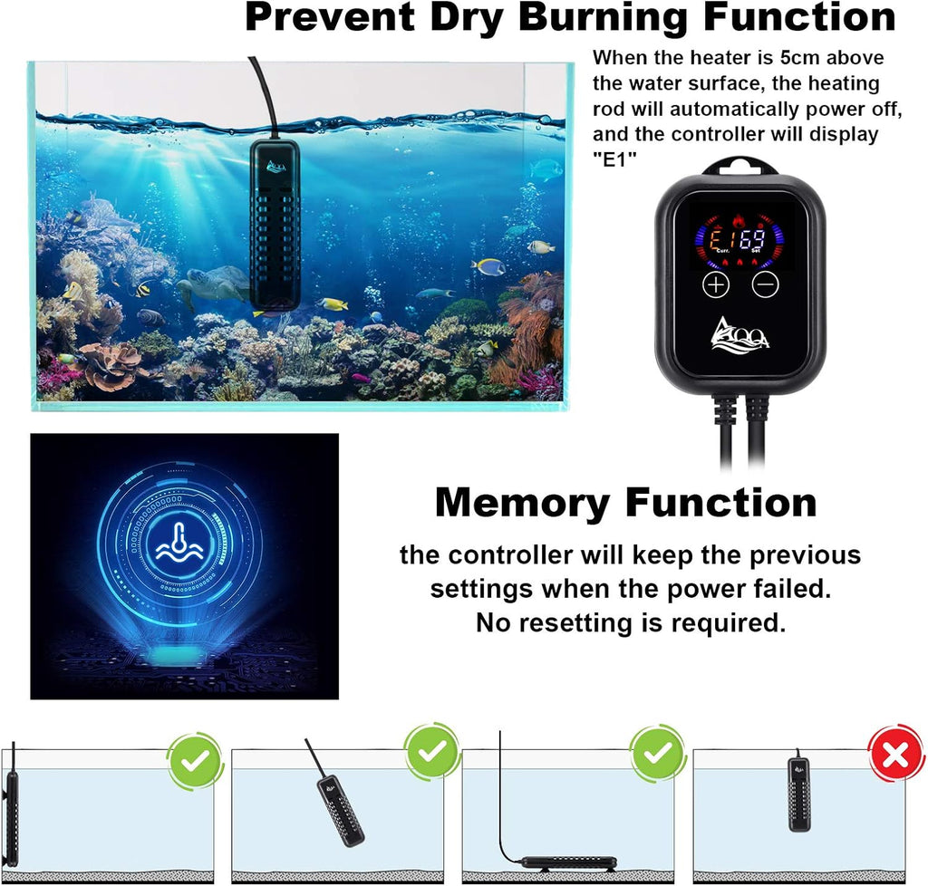 AQQA Submersible Aquarium Heater,100W/200W/300W/500W/800W/1000W/1200W Fish Tank Heater,External Temperature Controller LED Temperature Display,Suitable for Saltwater and Freshwater(800W)