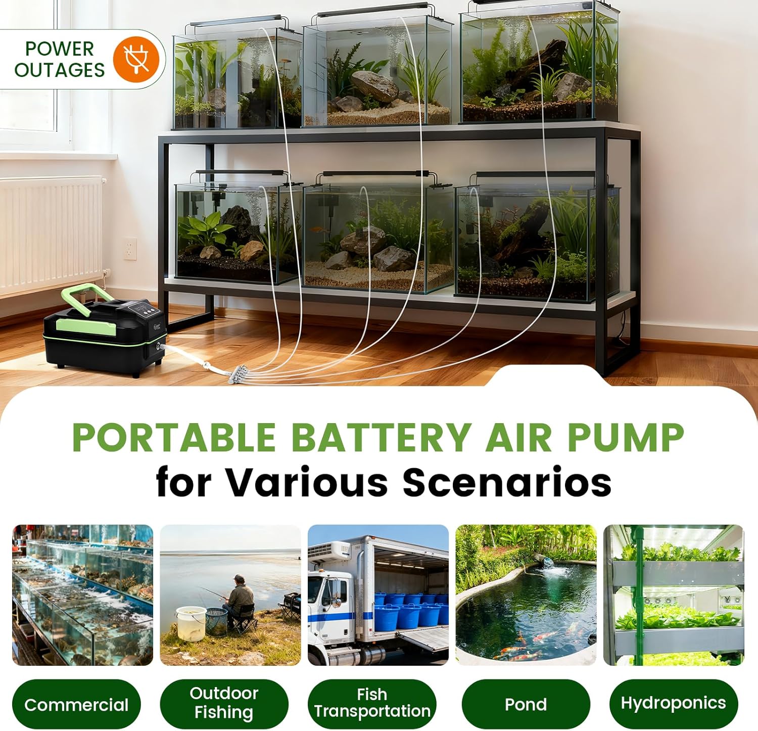 hygger Powerful Rechargeable Aquarium Air Pump, Adjustable Battery-Powered Oxygen Aerator for Fish Tank Emergency, Commercial Use, Live Well, Koi Pond & Power Outages