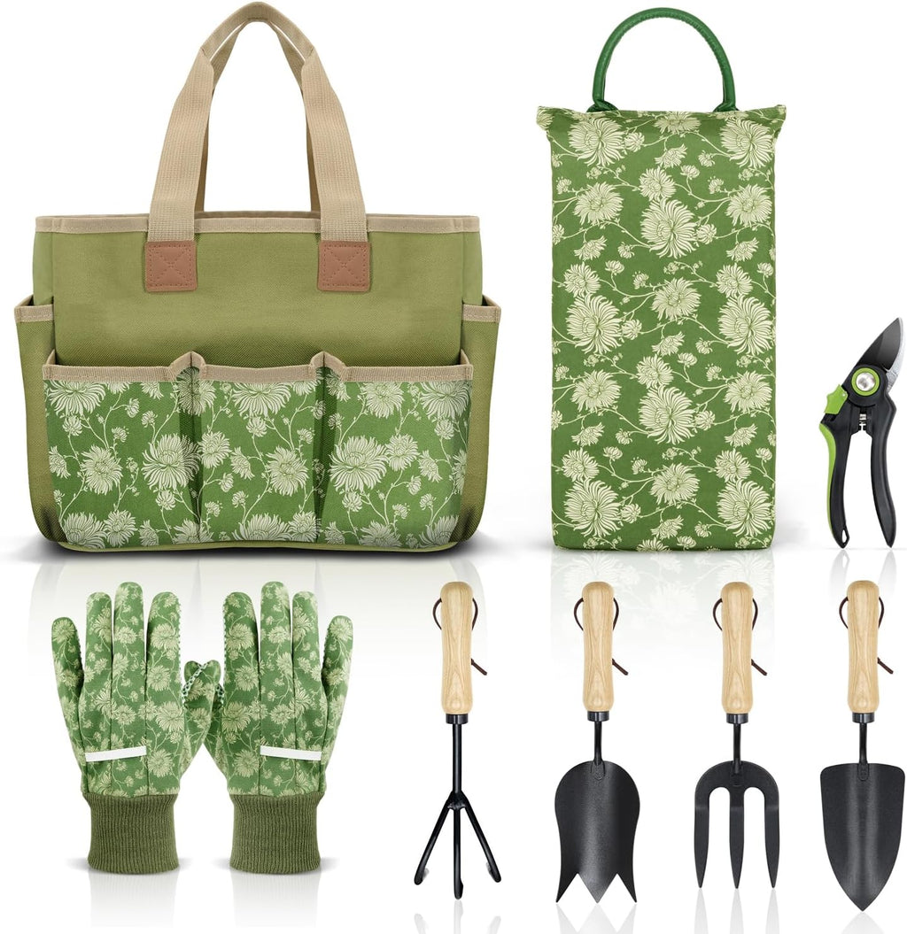 Colwelt Garden Tools Set, 8 Piece, Heavy Duty Gardening Tools with Wooden Handle, Including Garden Tote, Kneeling Pad, Gloves, Pruner, Trowel, Tulip Trowel, Cultivator - Gardening Gifts for Women Men