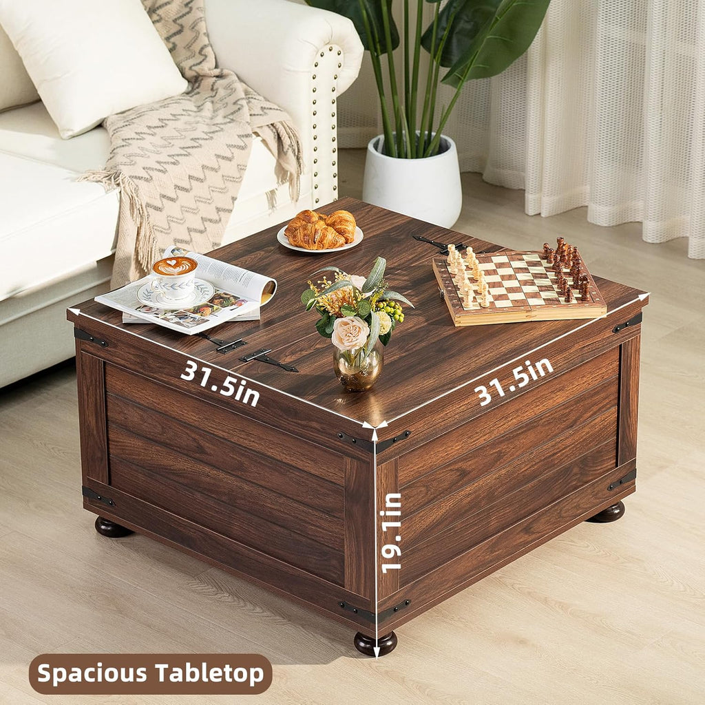 Farmhouse Coffee Table with Hidden Storage,Large Square Center Table for Living Room,Retro Cocktail Tables with Flip-Top Lids, Farm House Tables with Wooden Gourd Feet for Home,Brown Walnut