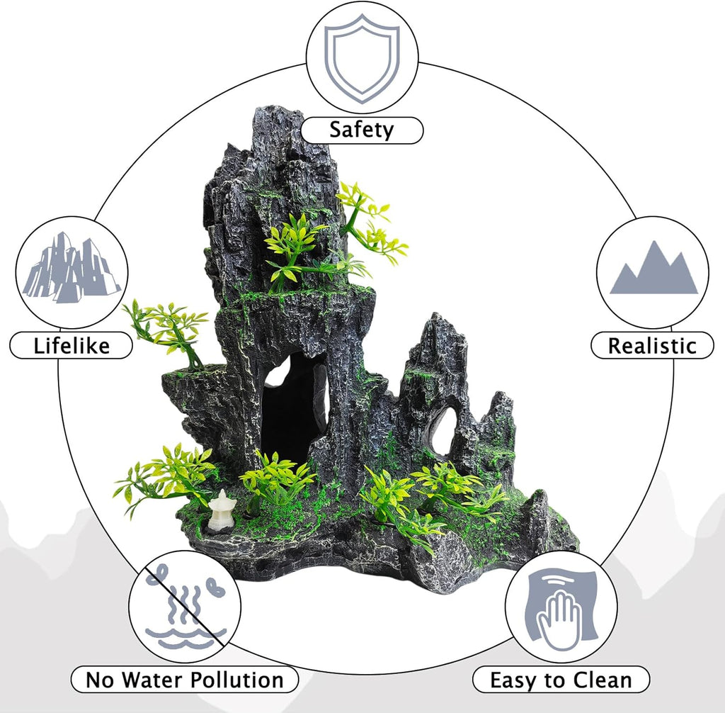 kathson Aquarium Mountain View Stone Resin Fish Tank Decoration Betta Hideout Caves Rockery Landscape Tree Aquarium Decorations Large Rock Hiding Cave Decor for Small Fish Shrimp Play Ornament