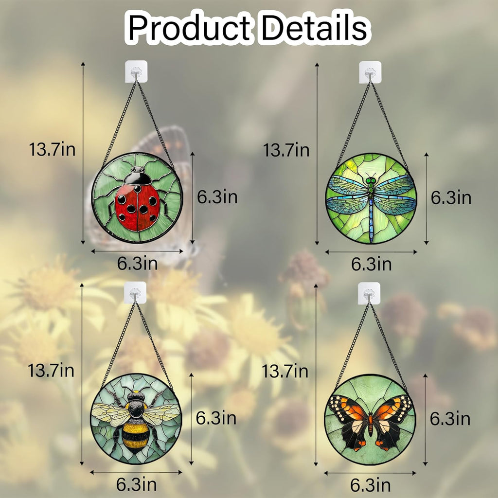 Stained Glass Window Hanging 4 Pcs Set Butterfly Dragonfly Bee Ladybug 6.3" - Suncatcher Door Garden Sun Catcher Decor Birthday Mother's Day for Mom Woman Nana Men