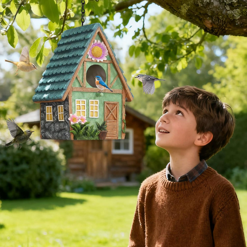 Bird Houses for Outside Cottage-Style Hanging Birdhouse with Flower Accents – Hand-Painted Resin Decorative Bird House for Outdoors for Hummingbird Finches Cardinals Bird Nesting Garden, Patio, Yard