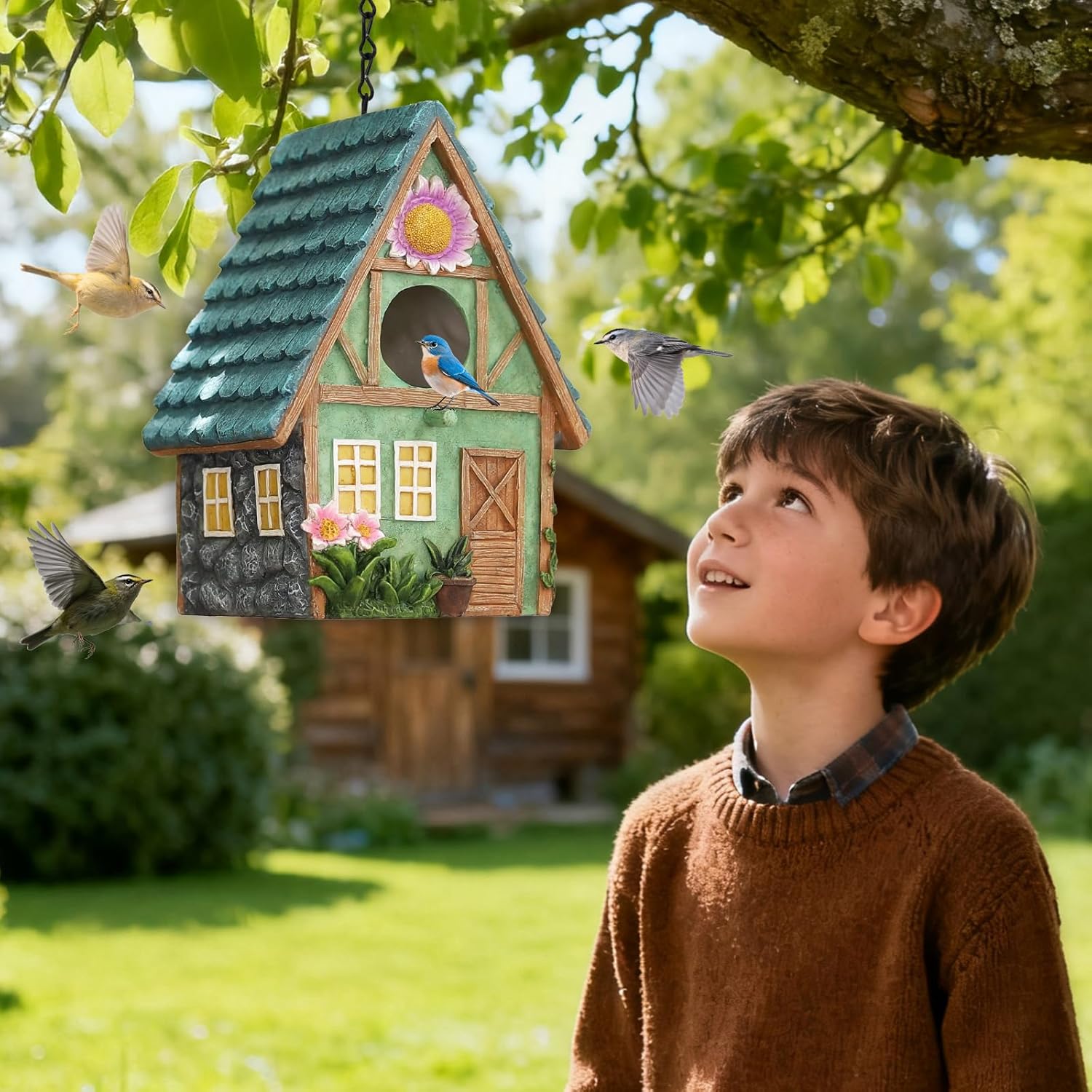 Bird Houses for Outside Cottage-Style Hanging Birdhouse with Flower Accents – Hand-Painted Resin Decorative Bird House for Outdoors for Hummingbird Finches Cardinals Bird Nesting Garden, Patio, Yard