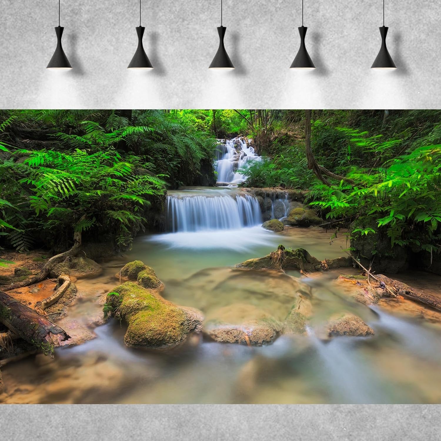Waterfall Aquarium Background Lush Green Jungle Rainforest Terrarium Background Tranquil Stream with Rocks Fish Tank Background Forest Falls Aquarium Backdrop Wallpaper Poster Vinyl 36x20in