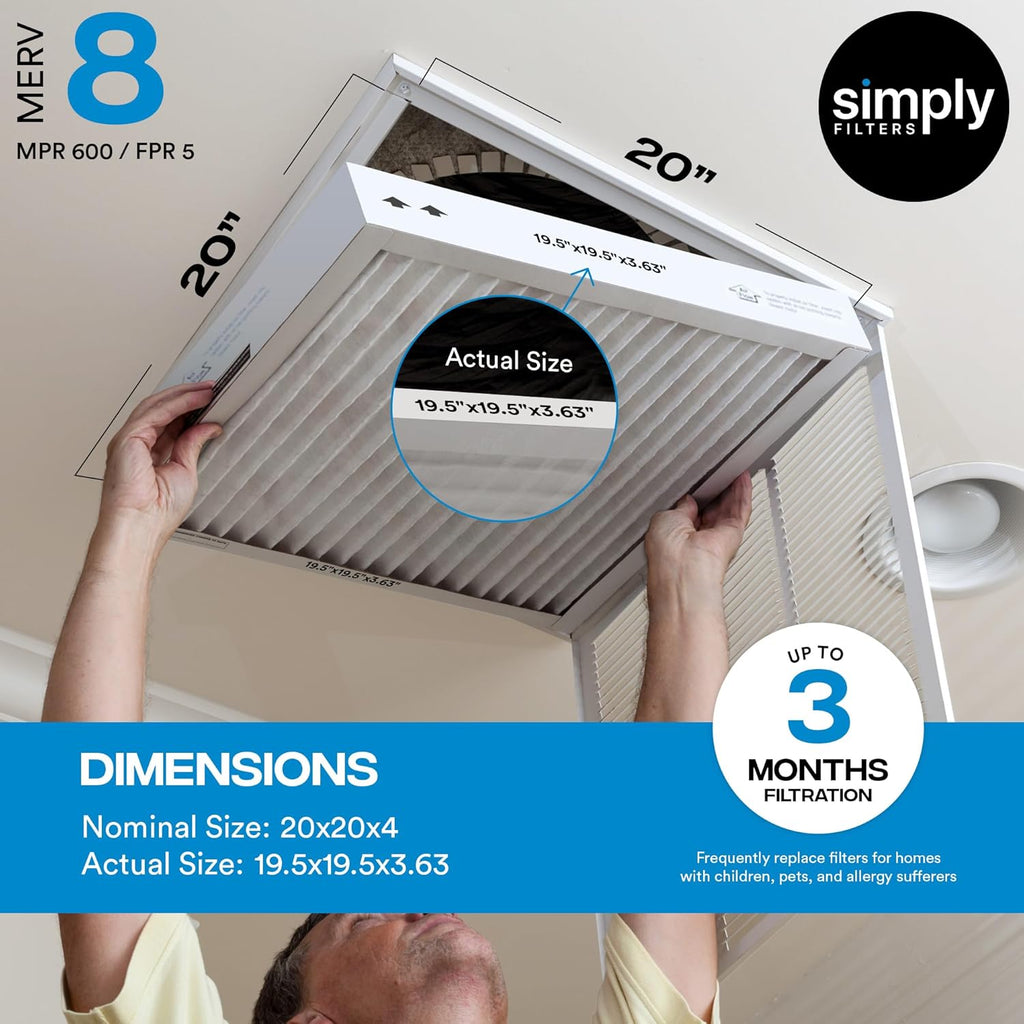 Simply 20x20x4 Air Filter, MERV 8, 6 Pack, Furnace Air Filter for HVAC (Actual Size:19.5"x19.5"x3.63") DUST, Pet, & Allergy Control