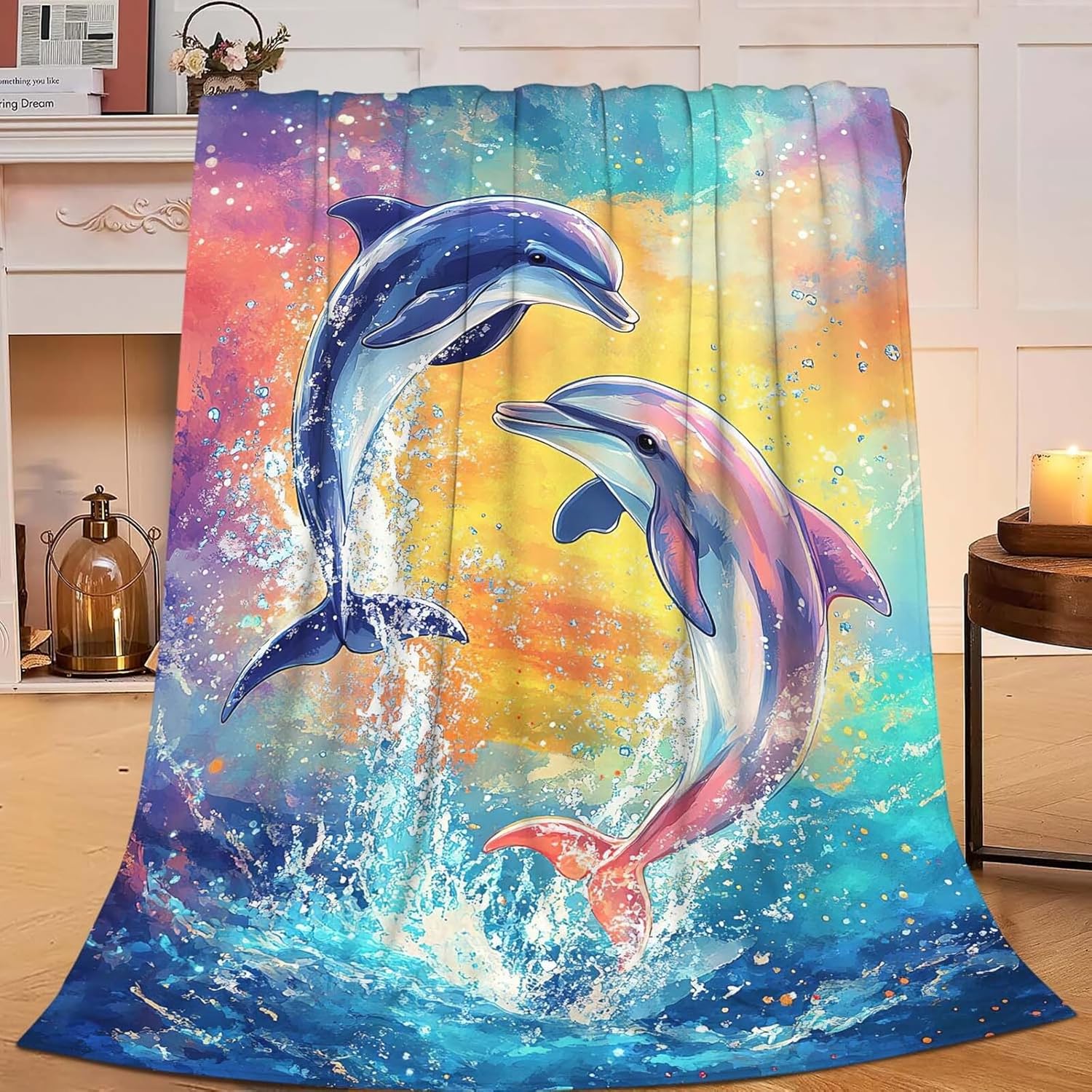 Dolphin Throw Blanket Dolphin Stuff Gifts for Kids Girls Boys Adults Women Man Soft Cozy Warm Plush Fluffy Fuzzy Fleece Blanket Decor 60''X80''