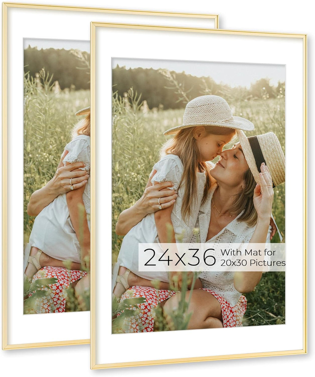RICHFOCUS Aluminum Picture Frame - 24x36 Gold Metal Frame with Mat for 20x30 Photo, Floating Frame with Tempered Glass - Poster Frame Wall Hook Included for Gallery Wall, Set of 2