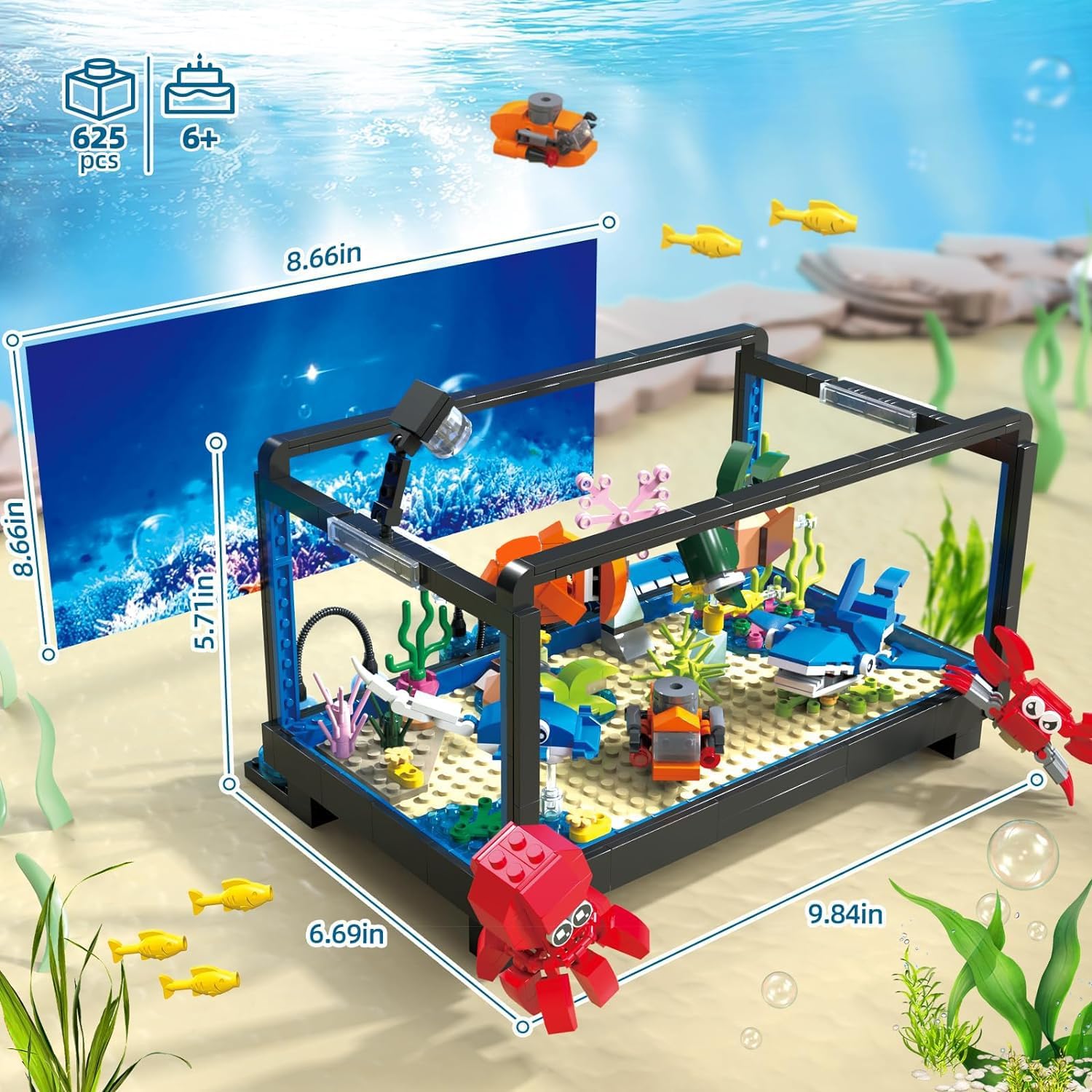 Fish Tank Building Set,Compatible with Lego Aquarium Including Marine Life Animals,Creative Lighting Fish Tank with Submarine Educational Building Toys for Kids 6-12(625Pieces)