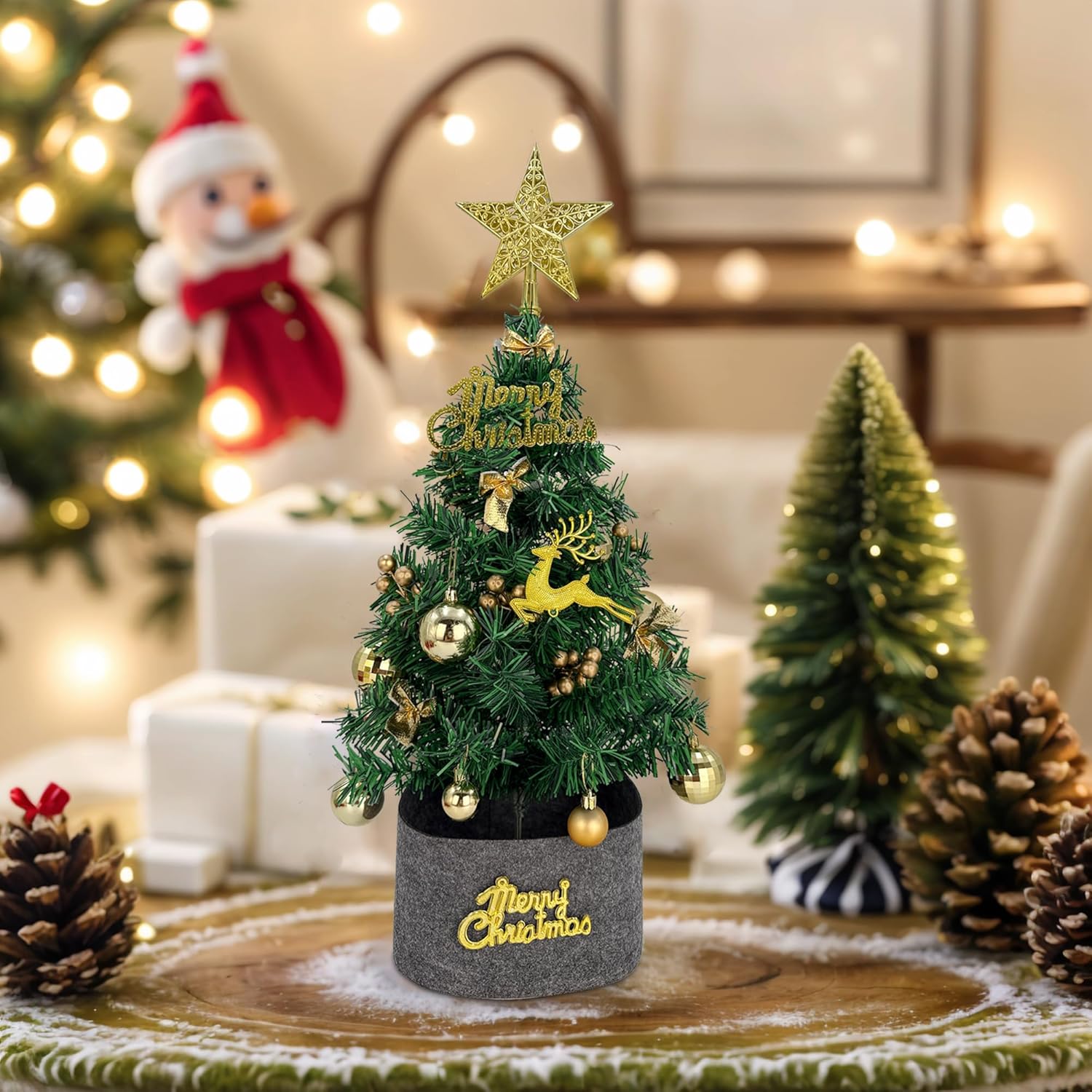 Tree Company Pre-lit Artificial Mini Christmas Tree - Gold Star Small White LED Lights, White Tipped Cones, Glitter Branches Pine Cones and Cloth Bag Base - Glittery Bristle Pine - 24 inch