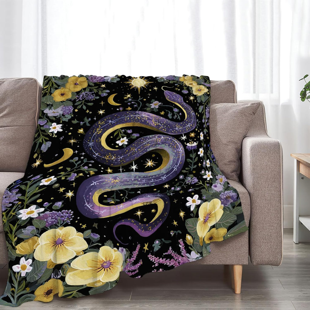 Purple Snake Blanket Fantasy Floral Reptiles Throw Blankets Gifts for Girls Boys Kids Snake Lover Soft Cozy Fleece Plush for Couch Sofa Bed 80"x60"