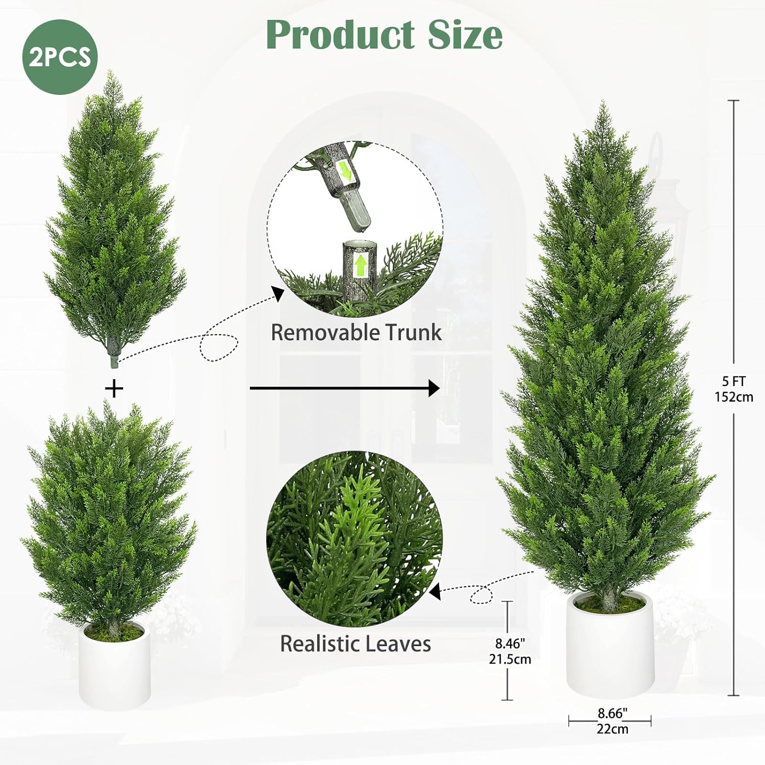Briful 2PCS 5ft Artificial Cedar Topiary Trees in White Planter – Tall Faux Evergreen Potted Plants, Indoor Outdoor Fake Shrubs, Lifelike Fake Trees for Home, Office, Patio, Porch, Entryway