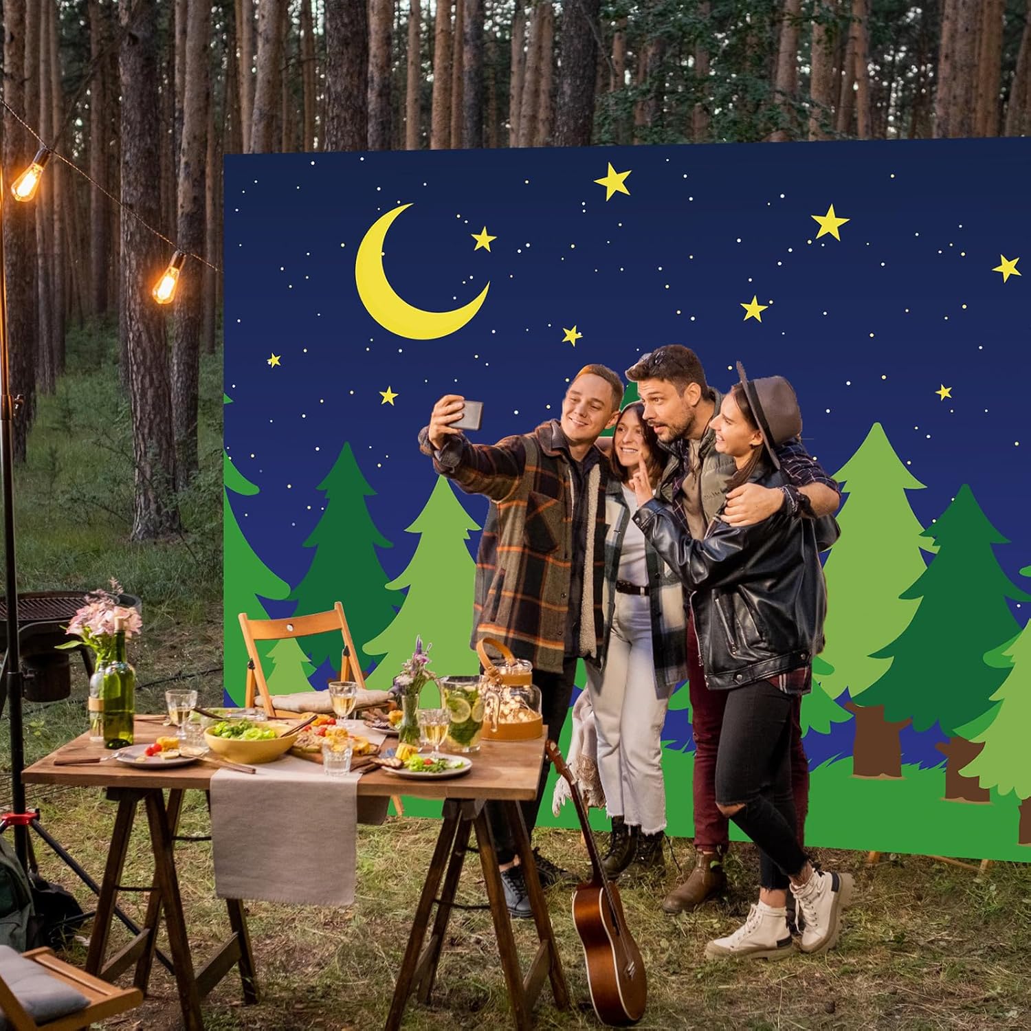 8 x 10 ft Enchanted Forest Camping Backdrop Scene Camping Background Supplies Forest Night Scene Photography Background for Theme Party Photo Banner Decoration