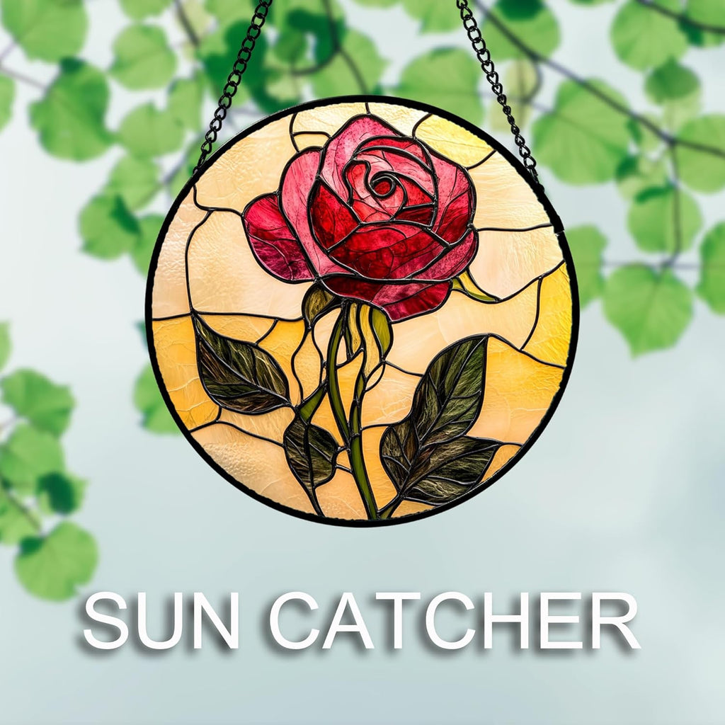 Stained Glass Window Hanging 4 Pcs Set Lily Rose Sunflower Poppy 7.8" - Flower Suncatcher Door Garden Sun Catcher Decor Birthday Mother's Day for Wife Woman Nana Girl