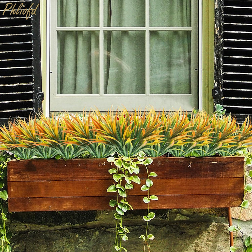 6Pcs Artificial Grass Fake Plants 17.3in Outdoor Plastic Plants UV Resistant Greenery Fake Grass for Home Window Garden Office Patio Hanging Planter Pathway Front Porch Décor Orange Yellow