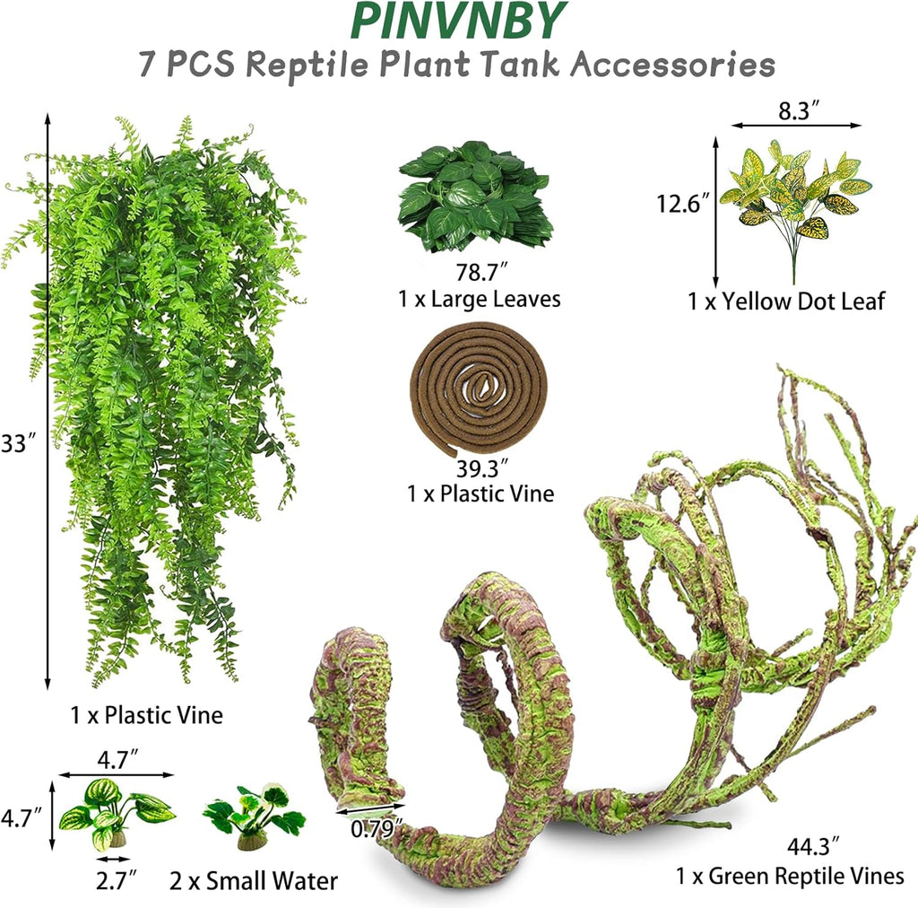 PINVNBY 7 PCS Reptile Plants Vine, Terrarium Hanging Flexible Climbing Artificial Leaves Reptile Hide, Bearded Dragon Tank Accessories, Terrarium Decor for Leopard Gecko Lizard Snake Geckos Chameleon