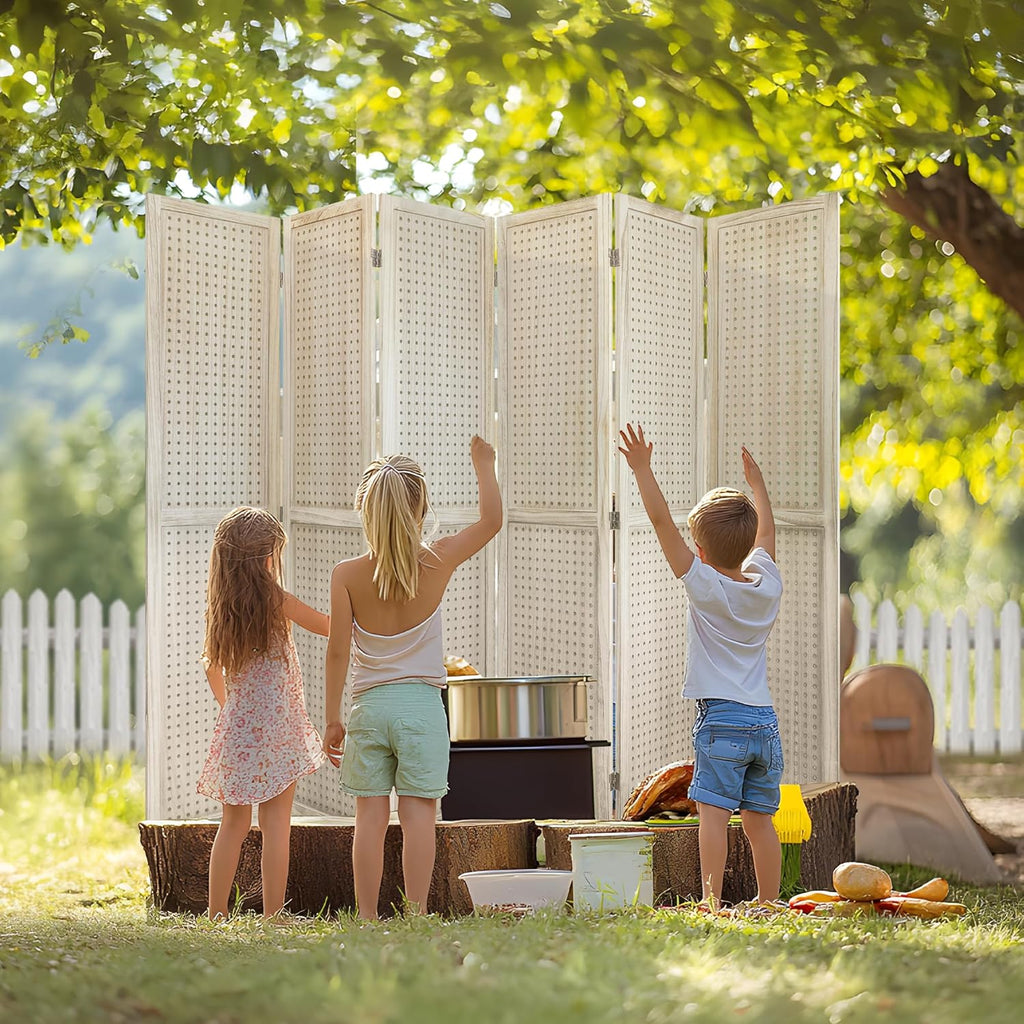 6 Panel Room Dividers 5.6FT Wall Divider with Freestanding Peg Board Display Wooden Folding Privacy Screen Foldable Partition Wall for Studio Apartment, Living Room, Natural Wood