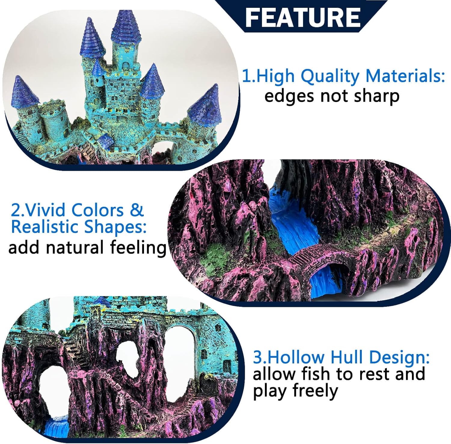 Aquarium Castle Decoration for Fish Tank Castle Cave Hideouts House Plants Supplies Accessories Safe for Freshwater and Saltwater Fish Tanks – Medium（Blue）