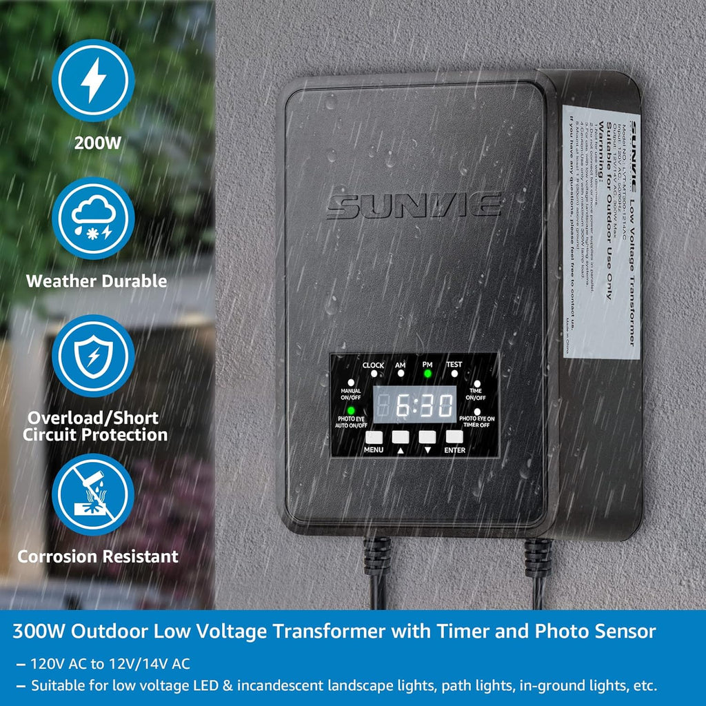 SUNVIE 300W Low Voltage Transformer with Timer and Photocell Sensor Landscape Lighting Transformer Waterproof 120V to 12V/14V AC Outdoor Low Voltage Transformers for Landscape Pathway Lights Spotlight