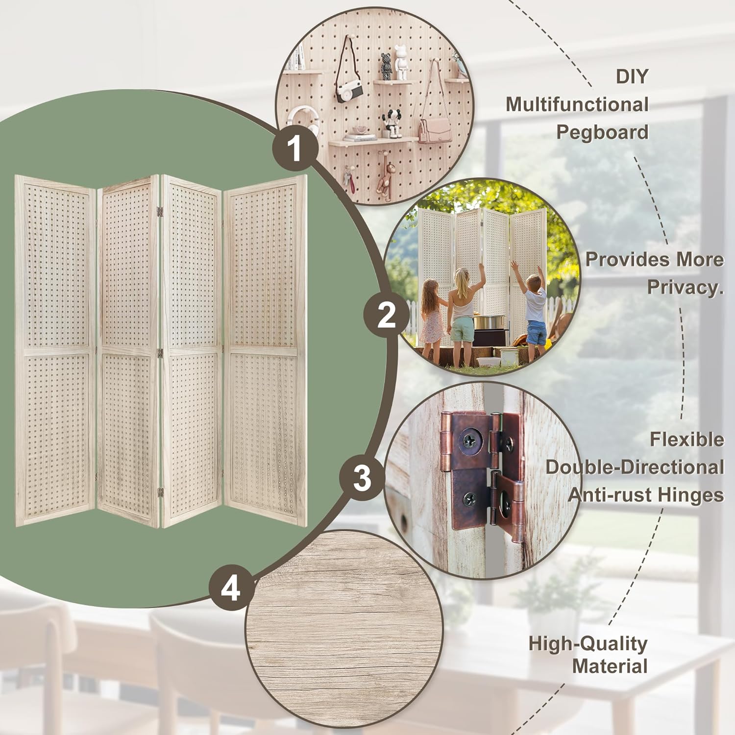4 Panel Room Dividers 5.6FT Wall Divider with Freestanding Peg Board Display Wooden Folding Privacy Screen Foldable Partition Wall for Studio Apartment, Living Room, Natural Wood