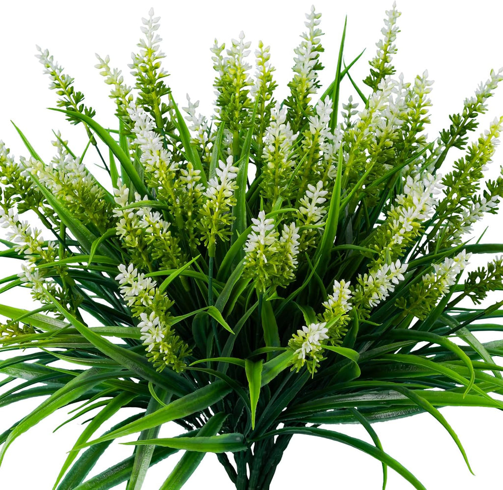 Artificial Flowers for Outdoor Plants 24 Bundles Fake Lavender Plastic Faux Monkey Grass for Verandah Window Garden Office Patio Front Porch UV Resistant for Planter(White)