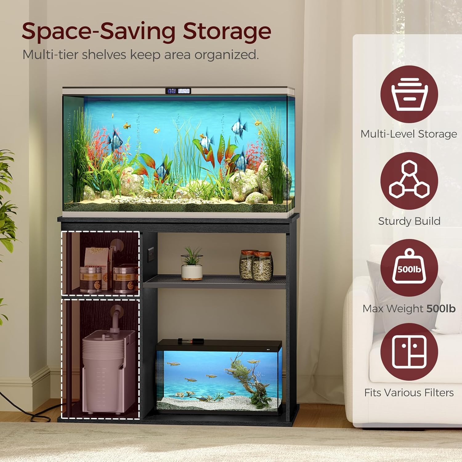 40-50 Gallon Fish Tank Stand with Power Outlet, Wooden Aquarium Stand with Filter Storage, Heavy-Duty Reptile Tank Stand with 3-Tier Storage Shelves, 36.2" L x 19.7" W x 31.7" H, Black