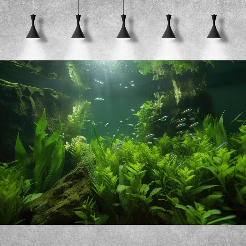 Underwater Aquarium Background Lush Green Aquatic Seagrass with Sunbeams Fish Tank Background Underwater Stone with Moss Tropical Fish Terrarium Background Underwater Fish Tank Backdrop 30x18in