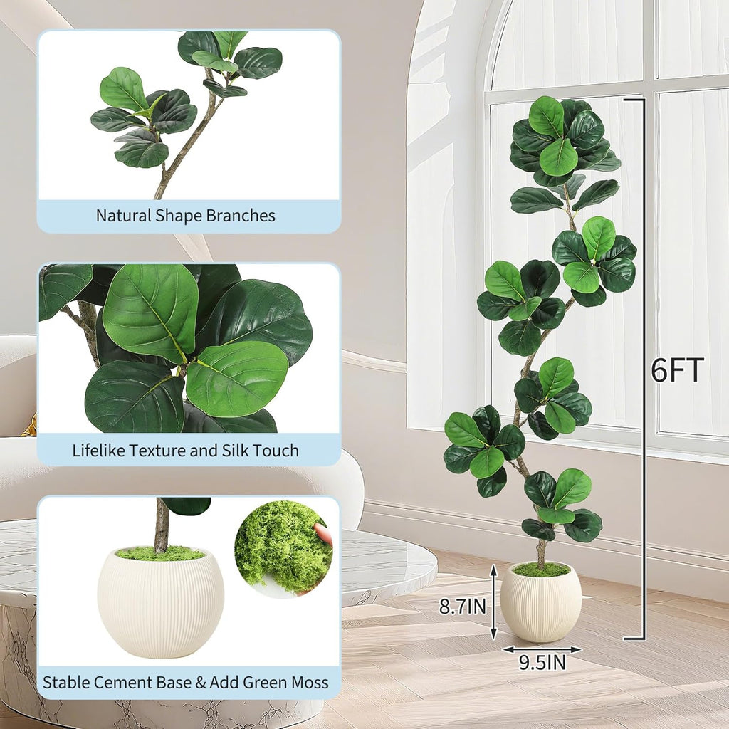 GarveeHome Fiddle Leaf Fig Artificial Tree with White Planter,6 ft Faux Plants Indoor with Moss, Fake Rubber Tall Fake Floor Plant in Pot - Artificial Trees for Home Office Living Room Decor
