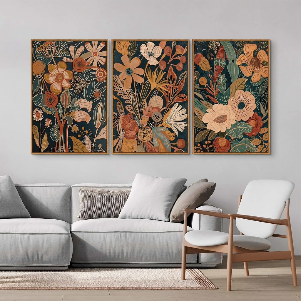 Tinonedraw Burnt Orange Floral Framed Canvas Wall Art Set of 3, Boho Chic Flower Artwork, Mid Century Modern Wall Decor, Colorful Neutral Botanical Art Prints for Bedroom Living Room Office 24"x36"