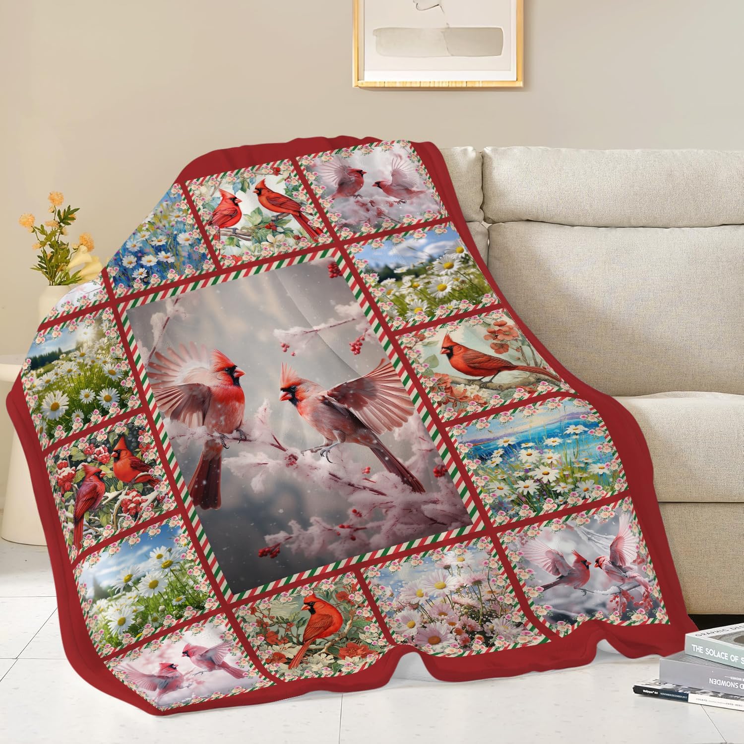 Cardinal Blanket Red Birds Throw Blanket Gifts for Women Men Boys Girls Kids Adults Super Soft Cozy Plush Fluffy Fuzzy Fleece Blanket Home Decor 50''X60''